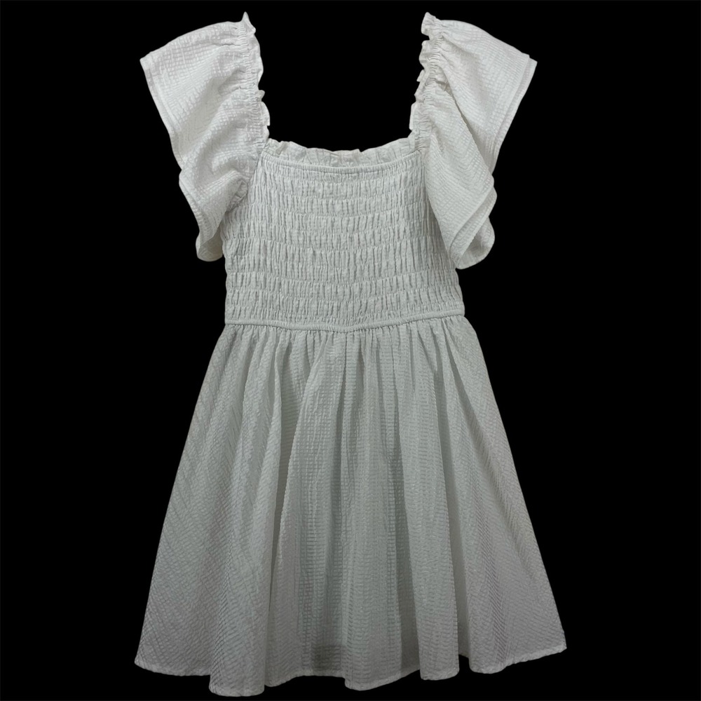 TCEC Size Medium Mini Dress White Smocked Ruffle Flutter Sleeve Coquette